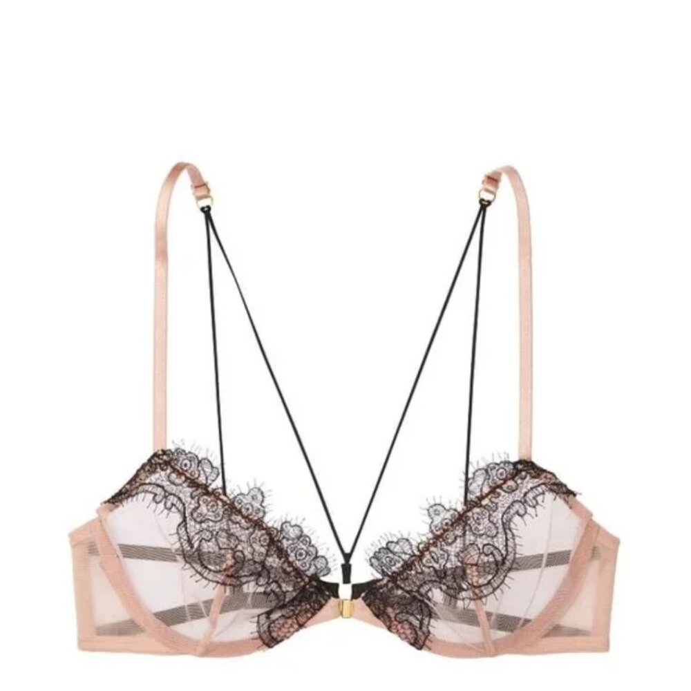 Victoria's Secret Unlined Demi Bra Nude/Black Front Closure Strappy Bra 34D